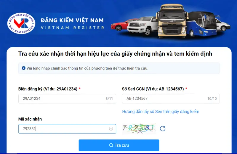 sử dụng trang web của cục đăng kiểm