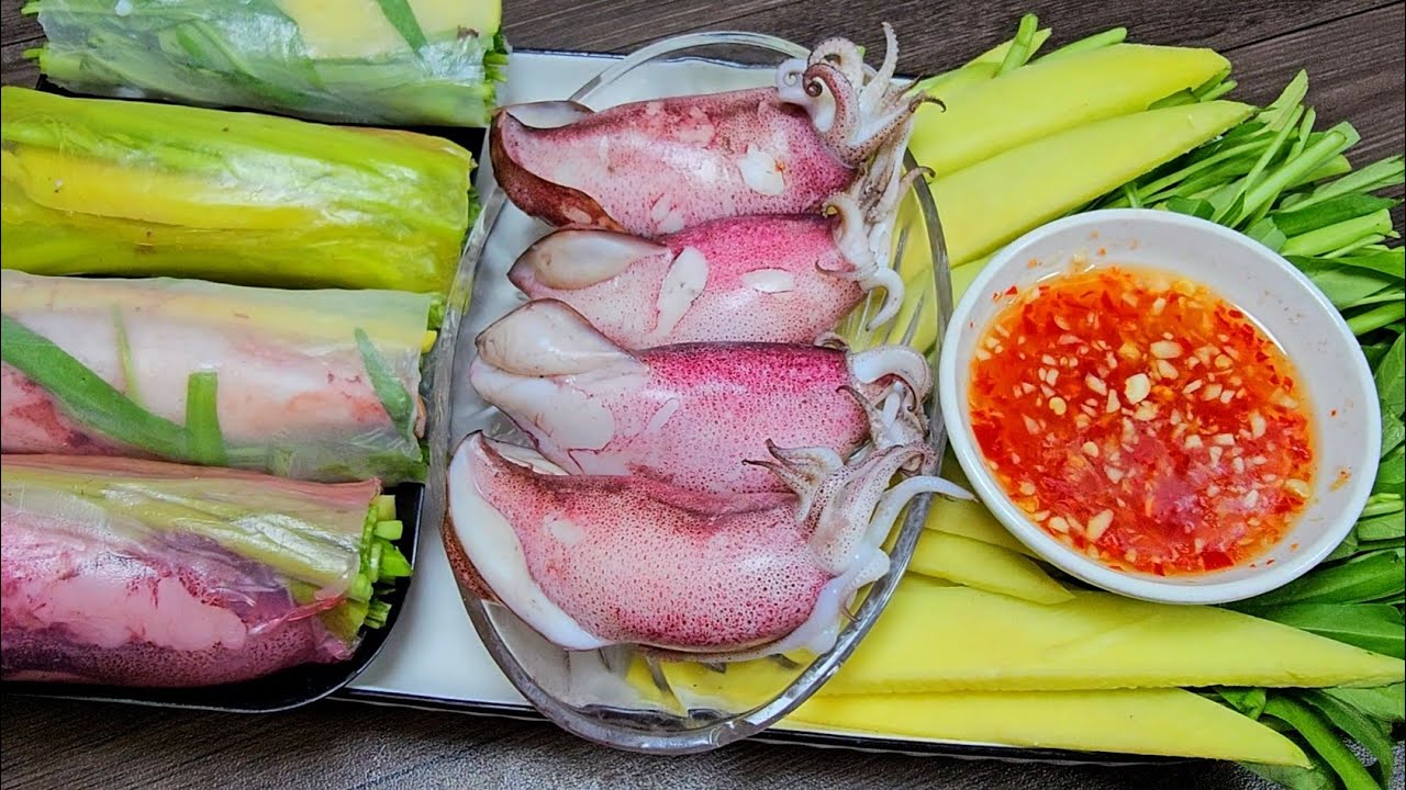 mực cuốn rau muống